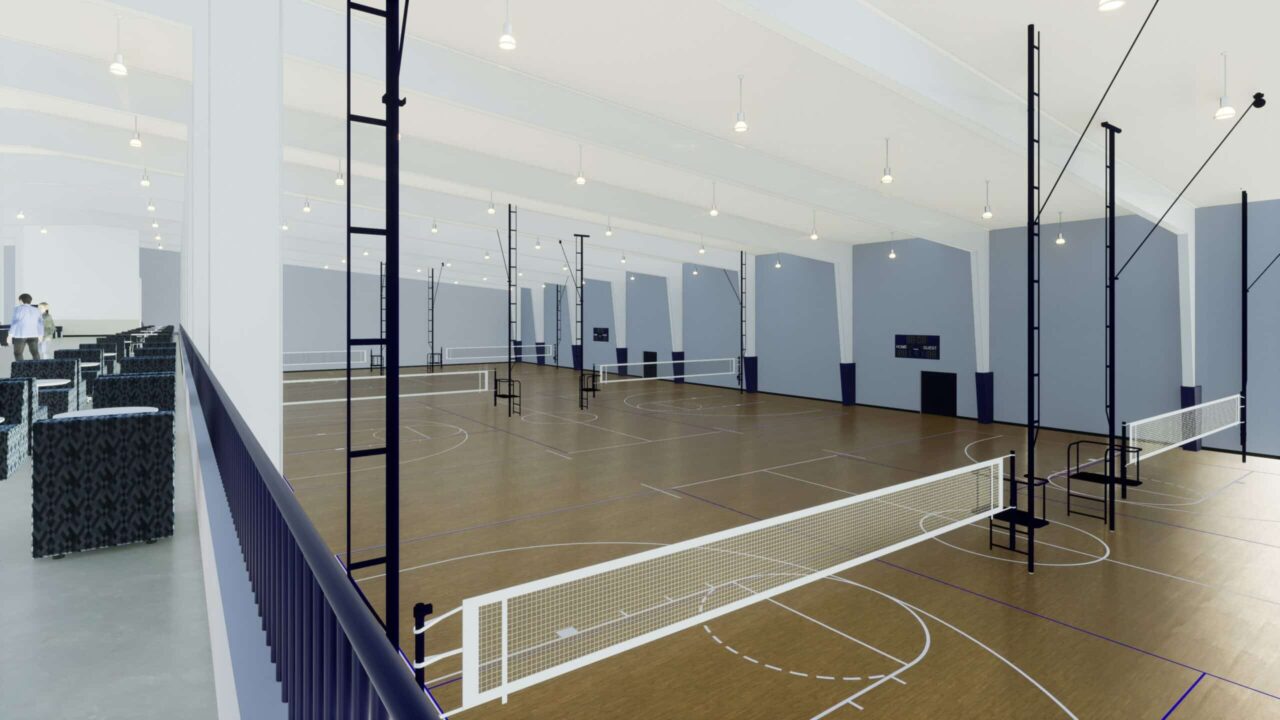 Interior rendering of Bluegrass Fieldhouse with setup for volleyball