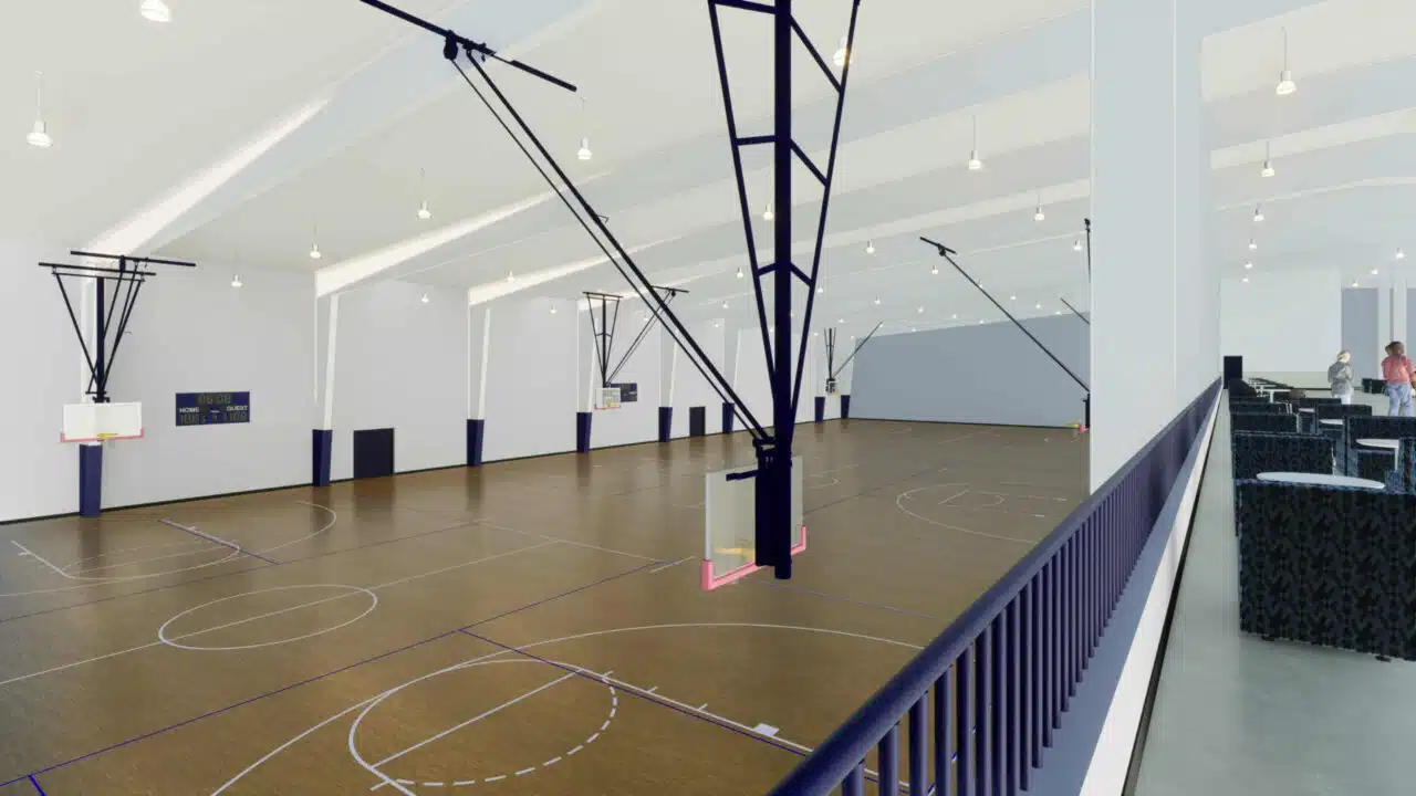 Interior rendering of Bluegrass Fieldhouse, basketball setup