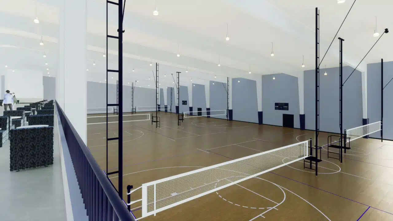 Interior rendering of Bluegrass Fieldhouse, volleyball setup